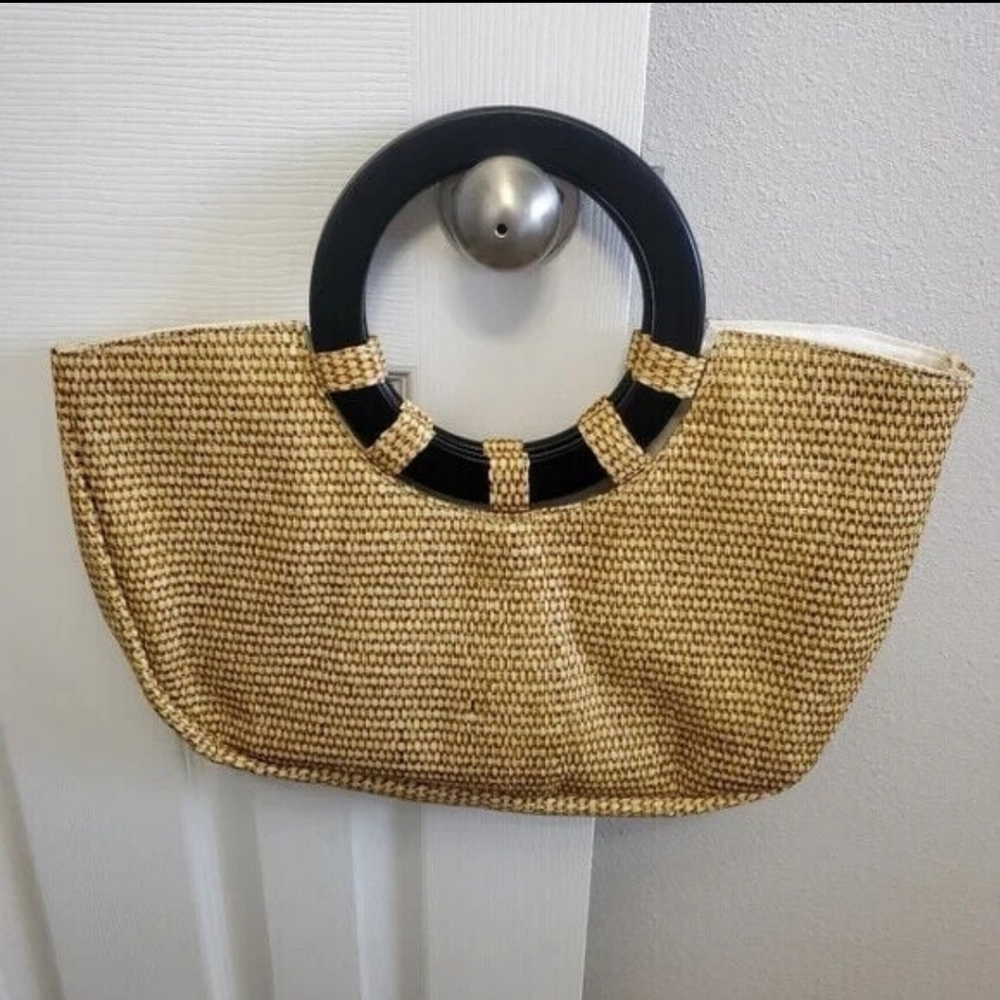Braciano Woven Straw Beach Bag Double Wood Handles Fabric Lined Snap Closure - Picture 3 of 12